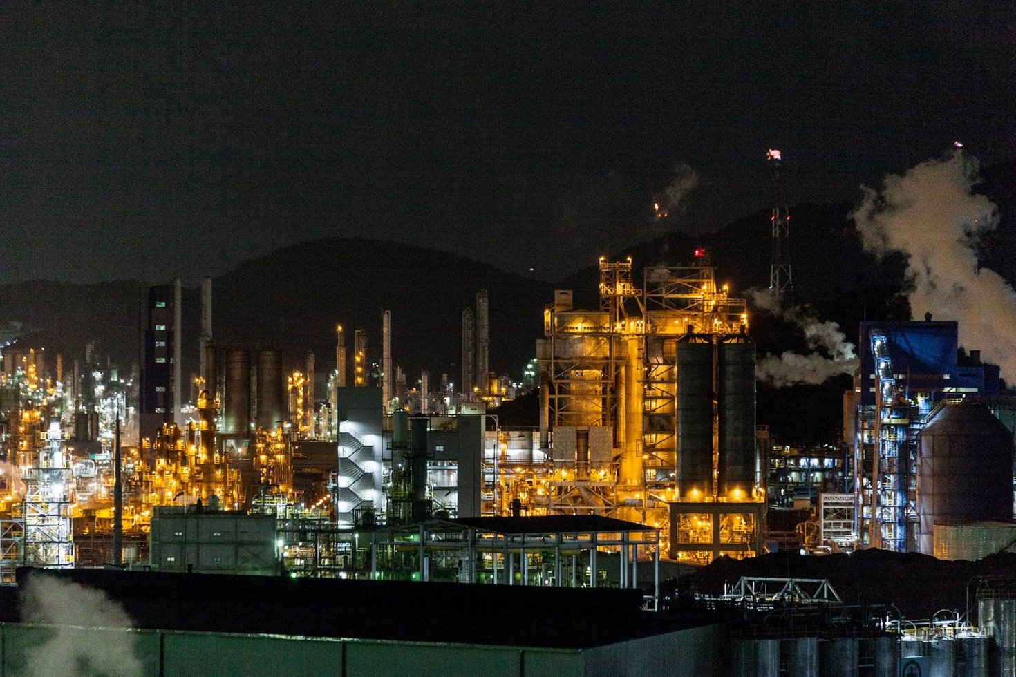 The illuminated smoke stacks, scaffolds, and silos of a chemical plant are viewed at night.